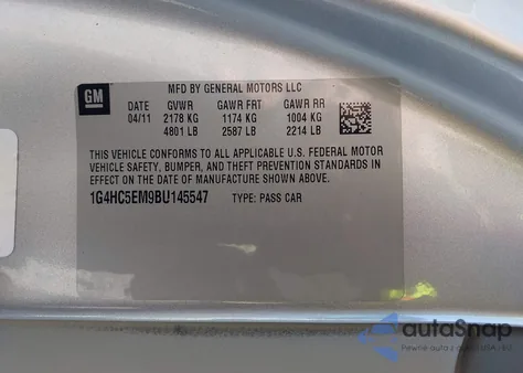 2011 Buick Lucerne Cxl z USA, uszkodzony, nr VIN 1G4HC5EM9BU145547